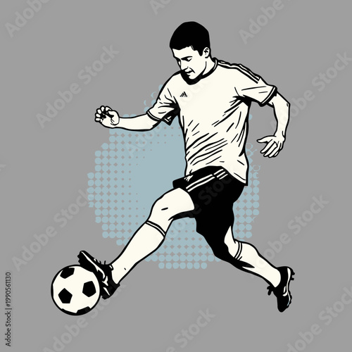 A soccer player kicks a soccer ball. This illustration captures the dynamic action and athleticism of the sport