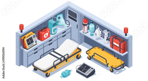 Isometric view of a well-equipped medical room featuring stretchers, defibrillators, first aid kits, and other emergency medical supplies.