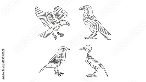 Avian Anatomy: Detailed illustrations showcase various bird forms, highlighting their skeletal structures and anatomical features, providing an educational insight into their internal designs.