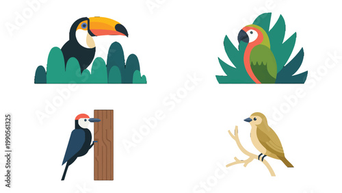 Feathered Companions: A captivating illustration showcases four distinct birds in their natural habitats. The image depicts a vibrant toucan, parrot, woodpecker, and a tiny bird.