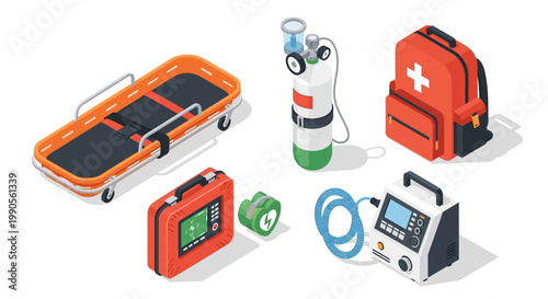 Collection of isometric medical equipment including a stretcher, oxygen tank, first aid kit, defibrillator, and ventilator.