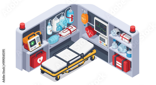 Isometric view of a well-stocked emergency room with a stretcher and medical equipment arranged on shelves.