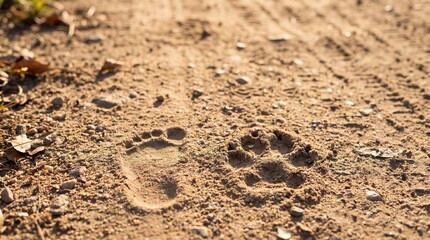 Footprints from a human and a dog clearly visible in soft dirt, revealing vibrant textures and signs of animal and human interaction.