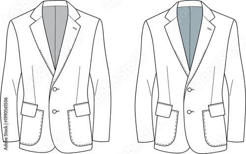 Fashion sketch blazer jacket, notched lapels, front buttons, flap pockets, flat vector