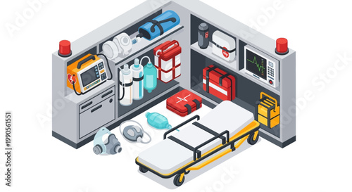 An isometric view of a well-stocked ambulance interior, showcasing medical equipment, a stretcher, and emergency supplies organized on shelves and cabinets.