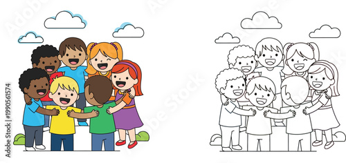 Diverse Children Hugging Coloring Page for Kids, Group of Multi-ethnic Happy Friends Illustration with Black and White Outline Vector Set for Educational Activities and Social Unity