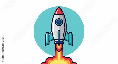 Rocket ship icon with blue porthole window, teal circular badge, and colorful flame tail on white background