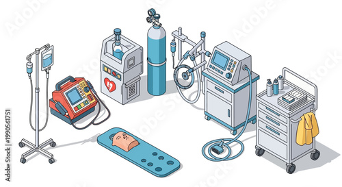 Illustration of medical equipment for patient care, including an IV drip, defibrillator, oxygen tank, ventilator, and medical cart.