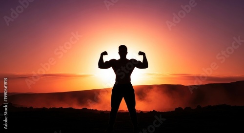 Silhouette of a strong person posing with dramatic sunset background