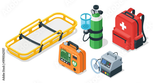 A collection of essential medical emergency equipment, including a stretcher, defibrillator, oxygen tank, ventilator, and first aid backpack, arranged on a white background.
