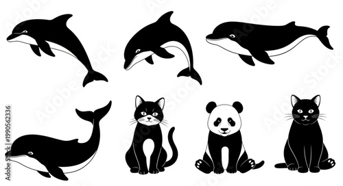 Collection of cartoon dolphins and cats and panda.