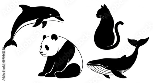 Collection of Silhouettes of Diverse Animals Including a Dolphin Panda Cat and Whale.