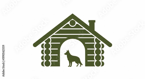 House dog shelter icon with green roof, white door arch, and decorative window circles featuring pet home, animal rescue, pet adoption with kennel