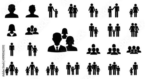 Collection of Diverse Family and People Icons Silhouettes.