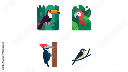 Tropical Avian Quartet: A vibrant array of tropical birds, including a toucan, parrot, woodpecker, and swallow, showcased in a visually appealing design.  