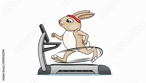Rabbit running on treadmill in cartoon style with beaming face and athletic workout motion featuring hare, fitness, cardio with training and exercise