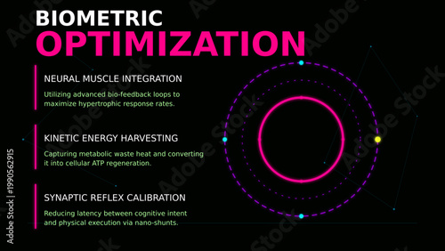 Biometric optimization infographic vector, futuristic neural muscle integration interface, kinetic energy harvesting and synaptic reflex calibration dashboard