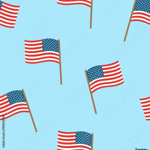 USA flag seamless pattern. Flags of the United States of America on sky blue background. 4th of july or 250th Anniversary celebration theme. Vector illustration in flat style.