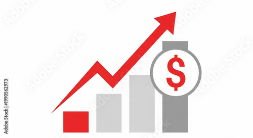 Bar chart growth concept with red arrow, gray bars, and dollar sign magnifier for finance performance statistics