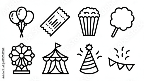 Cute Festival Essentials Line Art Set  Balloons, Tickets, and Carnival Fun Icons