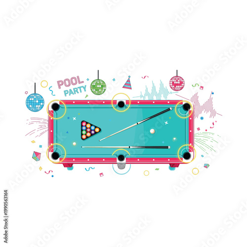 Vibrant pool party scene with colorful decorations and a lively atmosphere at nightclub.