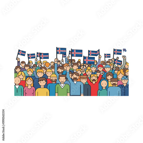 People gather to celebrate with Icelandic flags in a festive outdoor setting together.