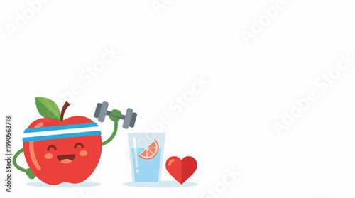 Healthy Cartoon Apple Character Exercising with Dumbbell Water and Heart Promoting Wellness and Fitness