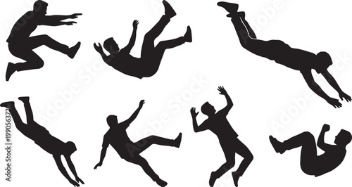 Black silhouettes of men falling down in various positions, jumping in the air, and stumbling in midair isolated on a white background.
