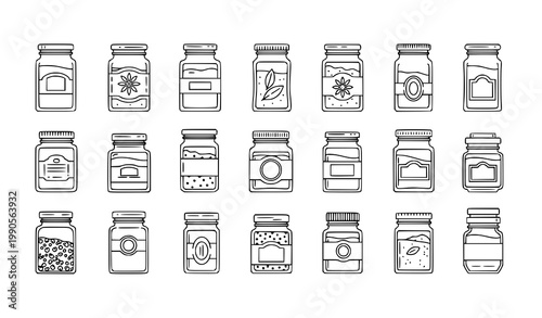 Spice jars outline icon collection with glass containers for herbs and seasoning editable stroke vector