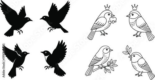 Set of Bird Silhouettes and Cute Line Art Bird Icons with Wings, Crowns, Hearts, and Branches for Logo Design, Invitations, and Nature Graphics