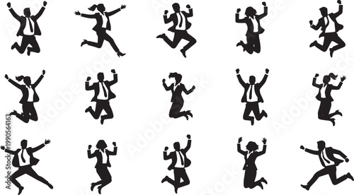 Collection of professional business people silhouettes jumping in the air in suits celebrating success and corporate achievement for flat vector design assets
