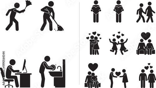 Collection of stick figure silhouettes featuring icons for household chores office work romantic couples hugging holding hands and family life for vector designs
