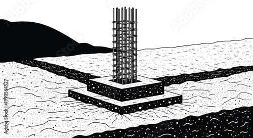 Technical architectural drawing of a building foundation showing a reinforced concrete column on a square foot pad.
