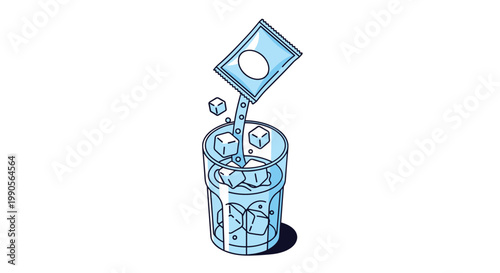 Isometric illustration of a glass of water with ice cubes and a packet being poured in for health or flavor supplement.