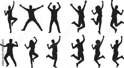 Large collection of black human silhouettes showing happy people celebrating success jumping for joy and dancing with raised arms on white background