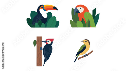 Exotic Birds Collection: A vibrant compilation showcases a toucan, parrot, and other colorful birds perched amidst lush greenery, in a lively display of avian beauty.