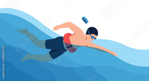 Male athlete in a swimming cap and goggles performing the front crawl stroke through vibrant blue water waves.