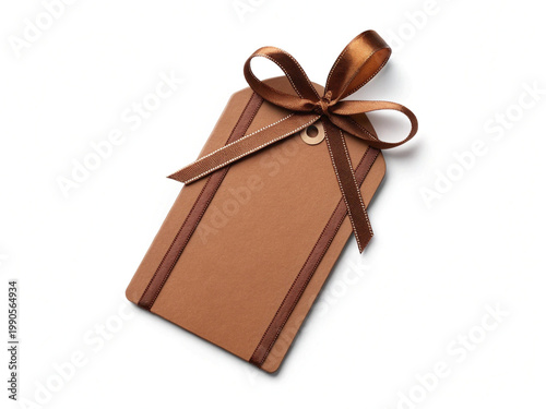 Brown gift tag with ribbon isolated