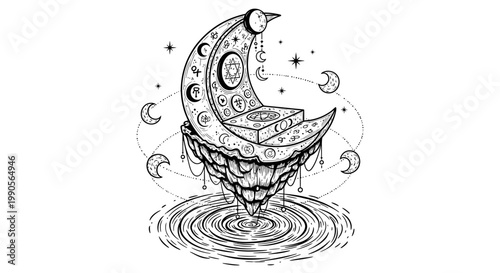 Fantasy illustration of crescent moon with magical symbols and water reflection