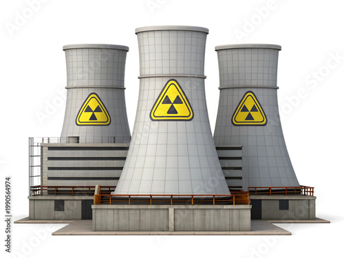 Nuclear power plant with radioactive warning symbol isolated