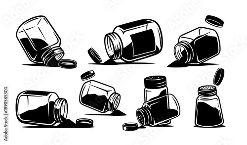 Stylized spice jar silhouettes with assorted glass containers for herbs and seasoning isolated vector