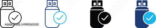 USB drive verified icon showing professional secure data transfer and successful hardware connection. encrypted storage solutions, cybersecurity authorization, and file backup confirmation.