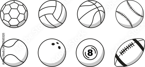 Set of various sports ball icons set. Collection of soccer, basketball, baseball, tennis, volleyball, bowling, billiards and rugby balls. Modern vector collection isolated outline design elements pack