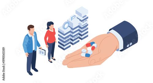 People standing near stacks of folders while a large hand offers medical pills and capsules in this isometric health concept.