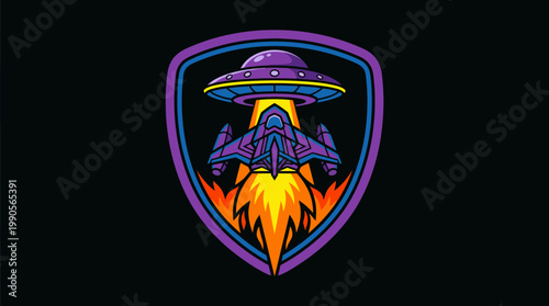 Ufo and spaceship emblem illustration on shield for science fiction designs
