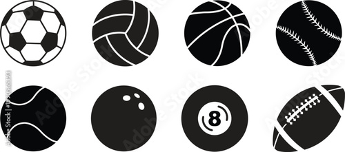 Set of various sports ball icons set. Collection of soccer, basketball, baseball, tennis, volleyball, bowling, billiards and rugby balls. Modern vector collection isolated flat design elements pack.