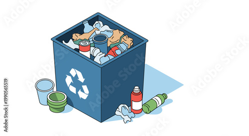 Blue recycling bin overflowing with plastic bottles metal cans and paper waste with more trash scattered on the ground.