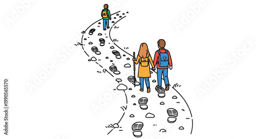 Hikers with backpacks walking along a winding mountain trail marked by many footprints in this scenic outdoor illustration.