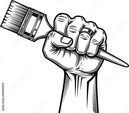 Strong Clenched Fist Holding Paintbrush Vector Illustration Representing Creative Power Artistic Revolution DIY Home Improvement and Passionate Art Expression Design