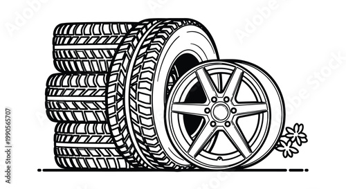 Line art illustration of a stack of car tires next to a single tire on a modern alloy rim representing automotive service.